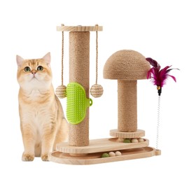 Ipixune Cat Scratching Post, 2-Tier Modern Sisal Cat Scratcher with Wooden Ball Track, Dangling Balls, Spring Feather Teaser, and Detachable Grooming Brush - Interactive Kitten Toys for Indoor Cats
