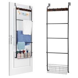 Over The Door Towel Racks for Bathroom,5-Tier Door Towel Holder with Hooks and Basket,Over The Door Towel Bar Hanger Organizer for Bathroom Bedroom Accessories, Blanket Ladder for Living Room Black