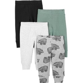 Simple Joys by Carter's Baby Cotton Pants, Pack of 4, Black/Grey Bear/Spruce Green/White, 0-3 Months
