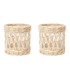 Rustic Cattail Woven Tea Light Holder, Seagrass Glass Candle Holder, Table Candle Holder Decor, Vintage Candlestick Holders, Wicker Tea Light Holder, Farmhouse/Home Decor (Original Color - 2 Pack)