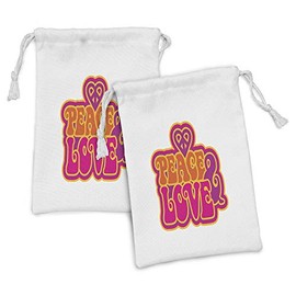 Lunarable Pink and Orange Fabric Pouch Set of 2, Hippie Themed Peace and Love Lettering Retro Groovy Art, Small Drawstring Bag for Toiletries Masks and Favors, 9" x 6", Purple Hot Pink and Orange