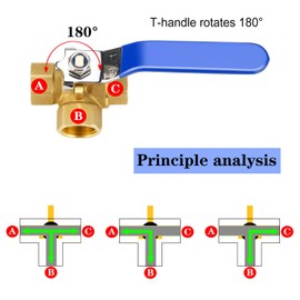 Profiwoab 3-way valve, three-way T-type internal thread pipe, ball valve, 1/2 inch for water, oil and air lines, DN15 1/2 inch, made of brass, lever handle