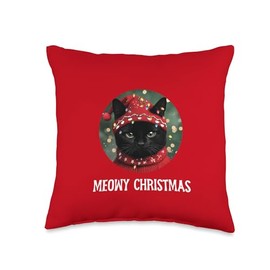 Meowy Black Cat Ugly Christmas Light Sweater Throw Pillow