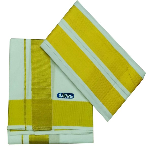 Kolakeer® Men's Cotton Kasavu Dhoti and Angavastram Set - 2.0