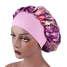 6 Pieces Large Printed Satin Bonnet Sleep Caps Soft Elastic Wide Band Satin Sleeping Cap & Hat Head Cover for Women Hair Loss, Natural Curly Hair Braids (Printed 6pack)