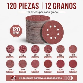 Juego de 120 lijas lijadora orbital，discos de lija de gancho y bucle de alta calidad，lijas para lijadora circular de 5 inch，10 X（40/60/80/100/120/150/180/240/320/400/600/800）Lijadora Orbital Aleatoria