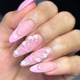 Medium Press on Nails Almond Fake Nails with Flowers Pearls Rhinestones Butterfly Lines Designs Pink French Tip Nails Press ons Matte Glue on Nails Light Pink Full Cover Stick on Nails for Women 24Pcs