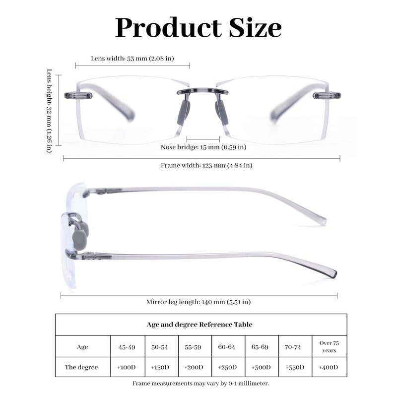 LUFF 3 Pack Rimless Reading Glasses Men Women- Comfortable Frameless