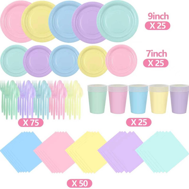 CUUSNNY 200 Pcs Pastel Rainbow Disposable Dinnerware Set, Macaron Color