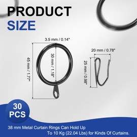 PATIKIL 30 Pcs Metal Drapery Curtain Rings, 30mm Window Rod Hanging Ring Curtain Drapery Pin Hooks for Window Bathroom Living Room Brackets, Black