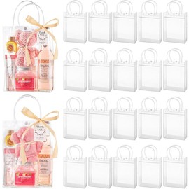 50 Pack Clear Plastic Gift Bags with Handles, Party Favor Bags with Ribbons and Tags, Reusable Goodie Bags Tote Bags for Wedding Baby Shower Valentine’s Day (4.9" x 5.9" x 2.8"):_9.8 x 9.8 x 3.5 Inches