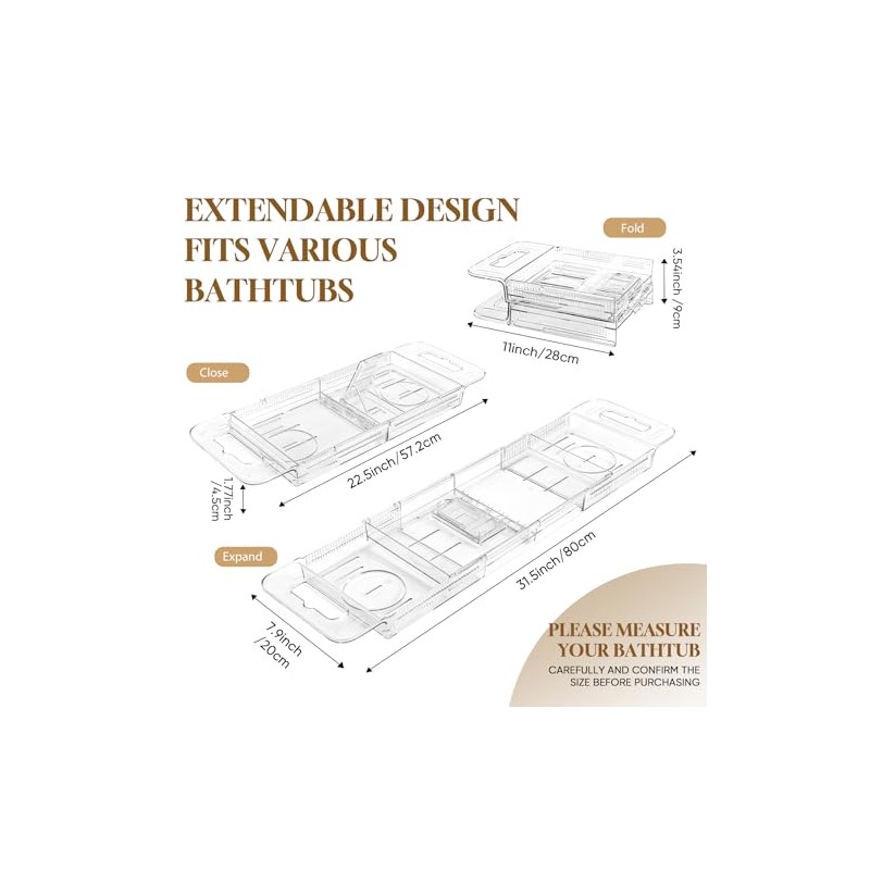 Expandable Clear Acrylic Bathtub Tray Caddy, Foldable Tub Bath Tray