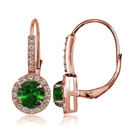 Rose Gold Flashed Sterling Silver Simulated Emerald and Cubic Zirconia Accents Round Leverback Earrings