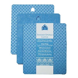 deltaXTRA Swedish Sponge Cloth Hang Up to Dry House-Shaped Eyelet Eco-Friendly Reusable Absorbent Cellulose Cleaning Dishcloth Towel | Includes 3 Cloths | Color: Blue