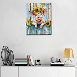 Farm Animal Pig Paint by numbers for Adults Smile Pig DIY Paint by Numbers Acrylic Rustic style Paint Canvas Kitchen Decor Sunflowers Painting Kits Farm Art 20x16 Inch 16x20 Inch（DIY Frame）