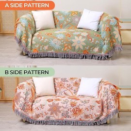 HOORDRY 4-Layer Cotton Gauze Blanket - Reversible, Bohemian Style with Anemone Flower Pattern & Tassel Design 150×200CM(60×80In)