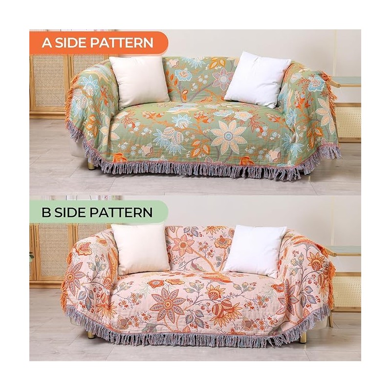 HOORDRY 4-Layer Cotton Gauze Blanket - Reversible, Bohemian Style with