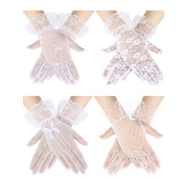 Bencailor 4 Pair Ladies Lace Gloves Elegant Short Gloves Mesh Gloves Tea Party Gloves for Women 50s Tea Party Wedding Costume (White, Lace Style)