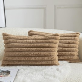 Mandioo Pack of 2 Decorative Throw Pillow Covers Faux Fur Striped Plush Soft Cushion Covers Pillow Cases Bedroom Living Room Sofa Home 18x18 Inch Camel