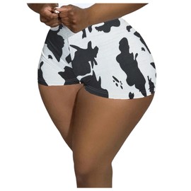 WDIRARA Women's Cow Print Elastic High Waist Shorts Stretch Skinny Shorts, Black and White, Medium