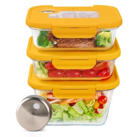 SealVax®SEASON•SEAL Vacuum-Sealed Food Storage & World’s First Cycle Marinating Set with Auto-Stop Vacuum Sealer, Includes 75 fl oz+Two 46 fl oz Glass Containers - 100% Leak Proof, BPA-FREE (Yellow)