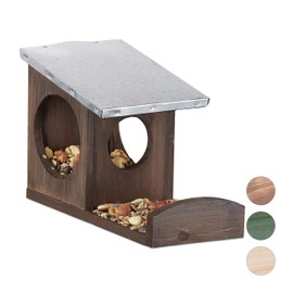 Relaxdays Wooden Squirrel and Bird Feeder Weatherproof Metal Roof, for Hanging, Garden Feeding Station, Choice of Colours, dark brown