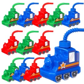 Tanlade 12 Sets Traffic Vehicle Party Favor Supplies Train Cups with Straws,10 oz Plastic Train Shape Cup Reusable Vehicle Party Plastic Cups Bulk Train Birthday Party Favor