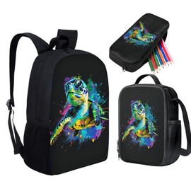 HUGS IDEA Sea Turtle Art Kid Backpack Set with Lunch Box & Pencil Case 3 in 1 School Bag for Boys Girls Lightweight Bookbag for Student, Ideal for Elementary & Middle School