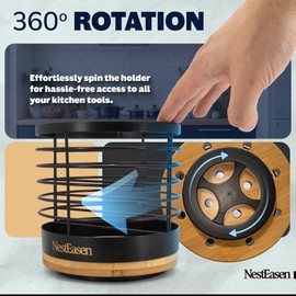 NestEasen Utensil Holder for Kitchen Counter - Rotating Utensil Holder for Countertop, Wooden Steel Spatula Holder Organizer, Large Decor Caddy for Kitchen Utensils and Cooking Spoon Container