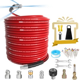 NaiNai 150FT Sewer Jetter Kit for Pressure Washer,1/4 Inch NPT Sewer Jetting Hose,Pressure Washer Drain Cleaner Hose 5800PSI with Sewer Jetter Nozzles, Gloves, Waterproof Tape, Apron (150FT)