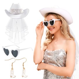 JeVenis Bride Cowgirl Hat With Veil, Bachelorette Cowboy Hat, Glasses, Earring - Cowgirl Party Decorations