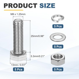 MECCANIXITY M8 x 25mm 304 Stainless Steel Hex Head Screws Bolts, Nuts, Flat & Lock Washers Assortment Kit, Fully Threaded, Bright Finish for Home, Electronic, Machine, 5 Sets