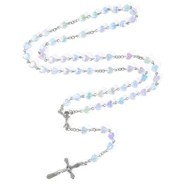 NCPLYGOU Rosary Beads Catholic Necklace for Women Crystal Heart Shaped Beads Rosary Necklace First Communion Christian Gifts Catholic Gifts(Colorful Clear)