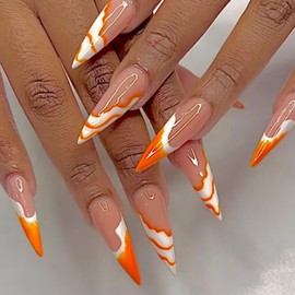 Long Stiletto Press on Nails Almond False Nails French Tip Fake Nails with Orange color Designs Stick on Nails Glossy Artificial Nails Cute Glue on Nails for Women 24Pcs