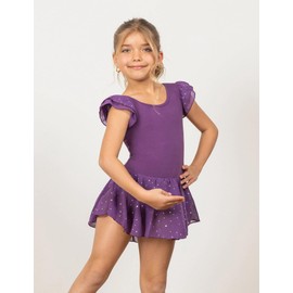 Arshiner Girls Shiny Ruffle Sleeve Ballet Leotard with Skirt Criss-Cross Back Dance Dresses Dark Purple