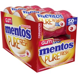 Mentos Pure Fresh Sugar-Free Chewing Gum with Xylitol, Cinnamon, 90% Recyclable Curvy Bottle, 50 Pieces per Bottle, 6 Pack