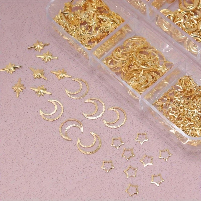 6 Grids/Box Metal Nail Charms - 3D Gold Moon Star