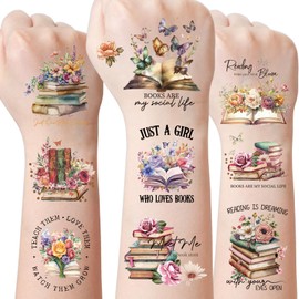 JoyAura Reading Book Temporary Tattoos - 8 Sheets 200 Pcs Books Butterfly Birthday Decorations Reading Lover Flower Tattoo Stickers for Kids Booklish Party Supplies Favors