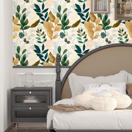 VOLEAAR Beige Wallpaper Peel and Stick Leaf Contact Paper Boho Contact Paper Removable Self Adhesive Vinyl Stick on Shelf Liner Room Walls Cabinet Green Beige White 17.5In x 393In