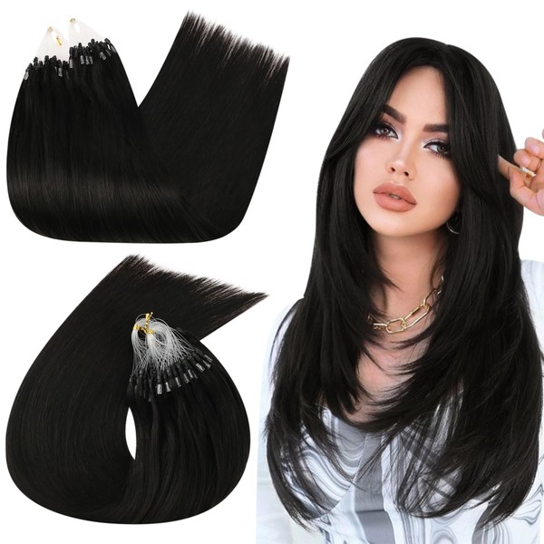 Ugeat Real Hair Extensions, Bonded Micro Ring Extensions, Natural Black, 40 cm, 50 g