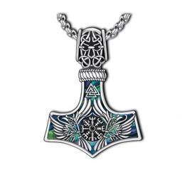 Thanches Thor Hammer Necklace for Women Men, S925 Sterling Silver Viking Mjolnir Necklace Pendant with Colorful Abalone Oxidize Norse Runes Amulet Jewelry Gift