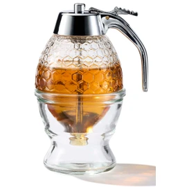 PAULSWAY Stainless Steel Shaft Honey and Maple Syrup Dispenser - No Drip Glass Honeycomb Jar with Stand, 8 oz Syrup Pot, Silver Plastic Top