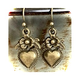 Bronze Etched Heart and Flower Charm Dangle Earrings Love Romance Valentine Jewelry Earrings for Women #3298FE79