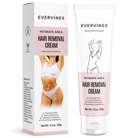 Evervines Hair Removal Cream for Women: Bikini Pubic & Intimate Areas Legs Arms Underarms - Fast Gentle Painless Depilatory with Scraper for Sensitive Skin at Home or Travel (4.2oz)