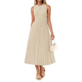 ZESICA Women's 2026 Summer Sleeveless Midi Dresses Casual Crewneck Ribbed Knit Pleated A Line Swing Long Party Dress,Apricot,Medium