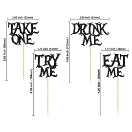 Gyufise 24Pcs Alice in Wonderland Cupcake Toppers Black Glitter Try Me Take One Eat Me Cupcake Picks for Fairytale Wonderland Theme Baby Shower Kids Boys Girls Birthday Party Supplies