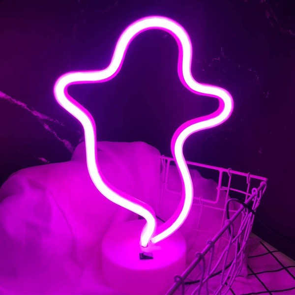 OHLGT LED Neon Light, Neon Sign Pink Ghost Lamp with Base, Battery and USB Operated Neon Decorative Lights for Halloween, Christmas, New Years, Party, Bar, Home, Bedroom