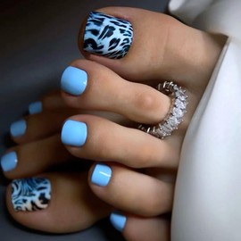 24Pcs Blue Leopard Press on Toenails Short Square Fake Toe Nails Blue False Toenails with Cheetah Print Designs Glossy Acrylic Toe Nail Press ons Summer Elegant Nail Art for Women