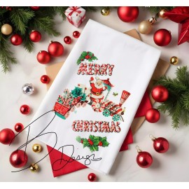 Vintage Kitschy Christmas Tea Towel Waffle Knit