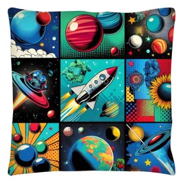 The Beach Stop Pop Art Space Themed Planets Rocket Accent Cushion Cover | Unique Design Home and Bedroom Decor | Gift Idea for Space Lovers | 45x45cm 18x18” | Pop Art Space
